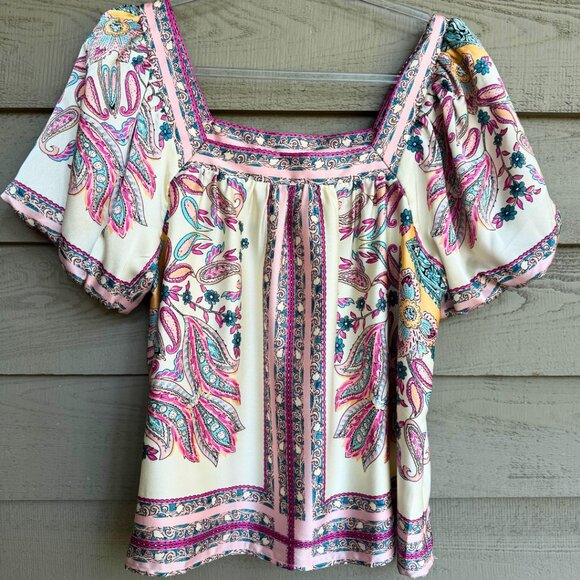 Joy Joy Tops - JoyJoy Paisley Flutter Sleeve Square Neck Blouse S